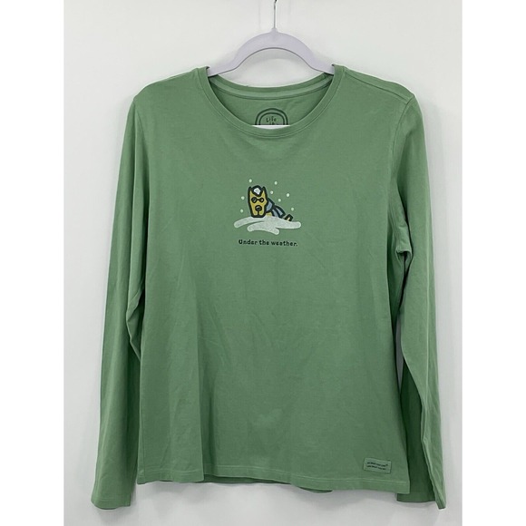 Life Is Good Green Women  Long Sleeve Dog Under‎ The Weather Shirt Size Medium M - Picture 1 of 7